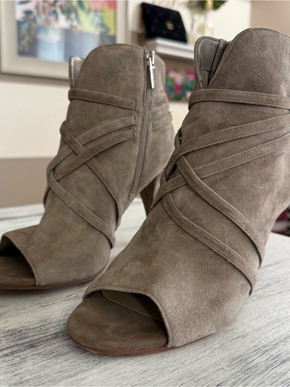 Vince Camuto Taupe Suede Peep-Toe Ankle Booties with Crisscross Straps size 7.5